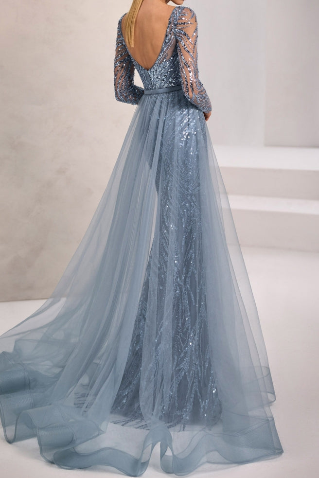 Sequin Evening Gown with Overskirt Train