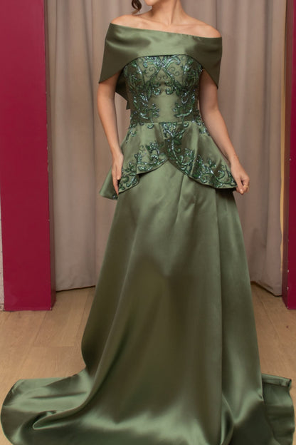 Embroidered Peplum Evening Gown with Shawl