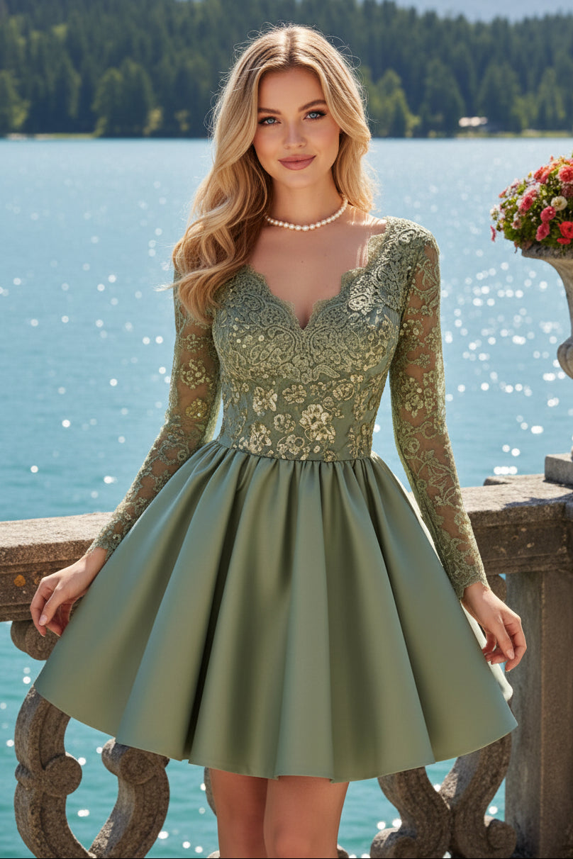 Lace Applique Long-Sleeve Mini Dress with Full Satin Skirt