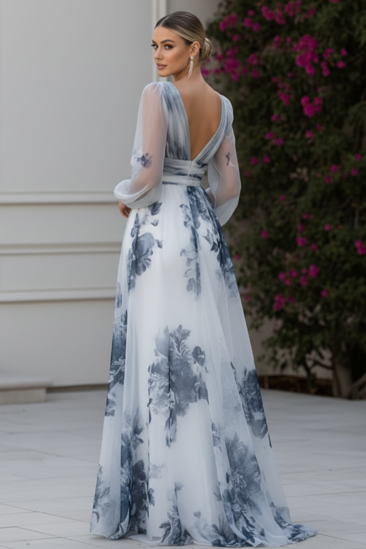 Floral Print Slit Evening Gown with Long Sleeves