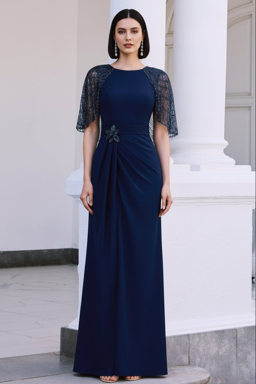 Beaded Cape Sleeve Evening Gown with Front Slit