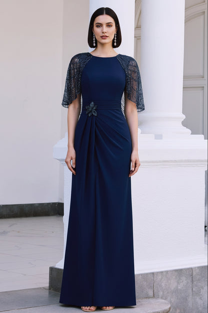 Beaded Cape Sleeve Evening Gown with Front Slit
