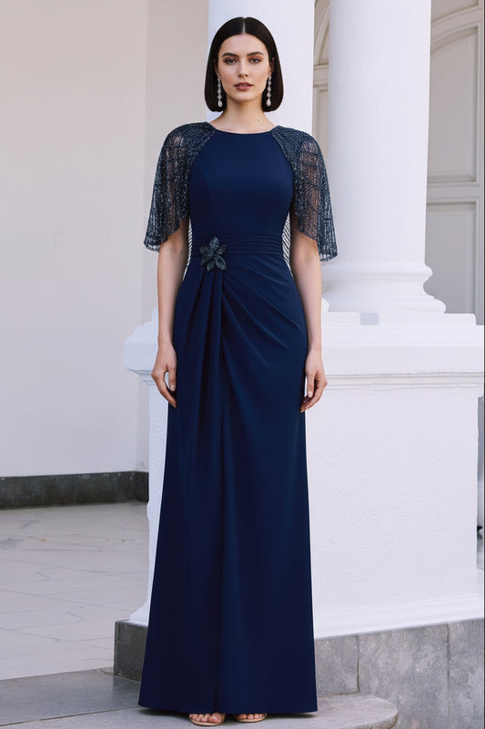 Beaded Cape Sleeve Evening Gown with Front Slit