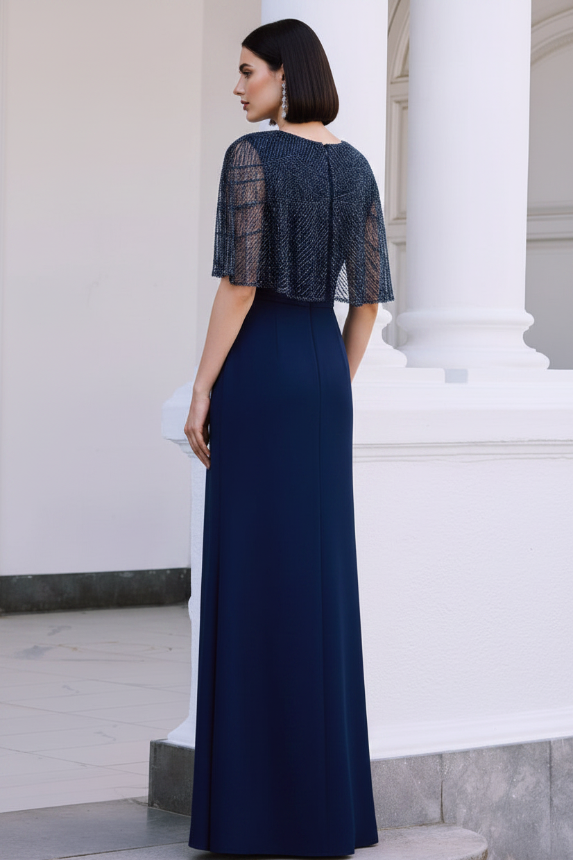 Beaded Cape Sleeve Evening Gown with Front Slit