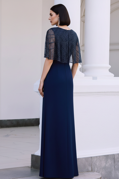 Beaded Cape Sleeve Evening Gown with Front Slit