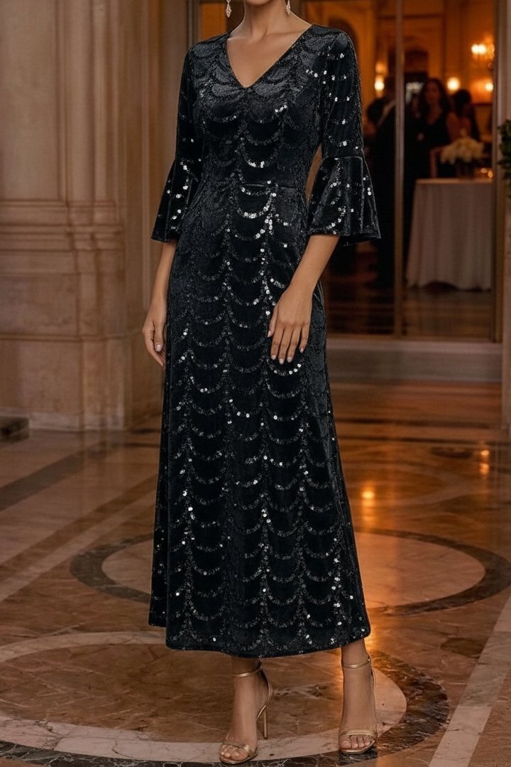 Sequin Velvet Ankle-Length Dress with Bell Sleeves