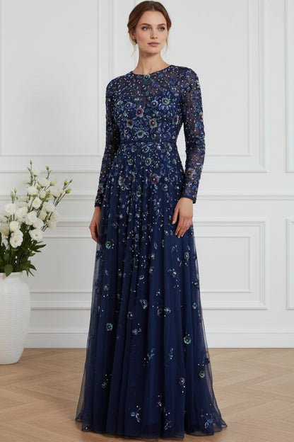 Long Sleeve Embroidered Floral A-Line Evening Gown