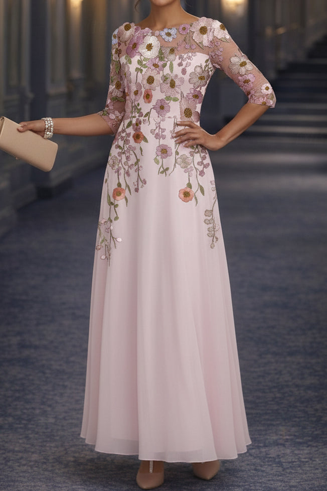 Floral Embroidered A-Line Gown with 3/4 Sleeves