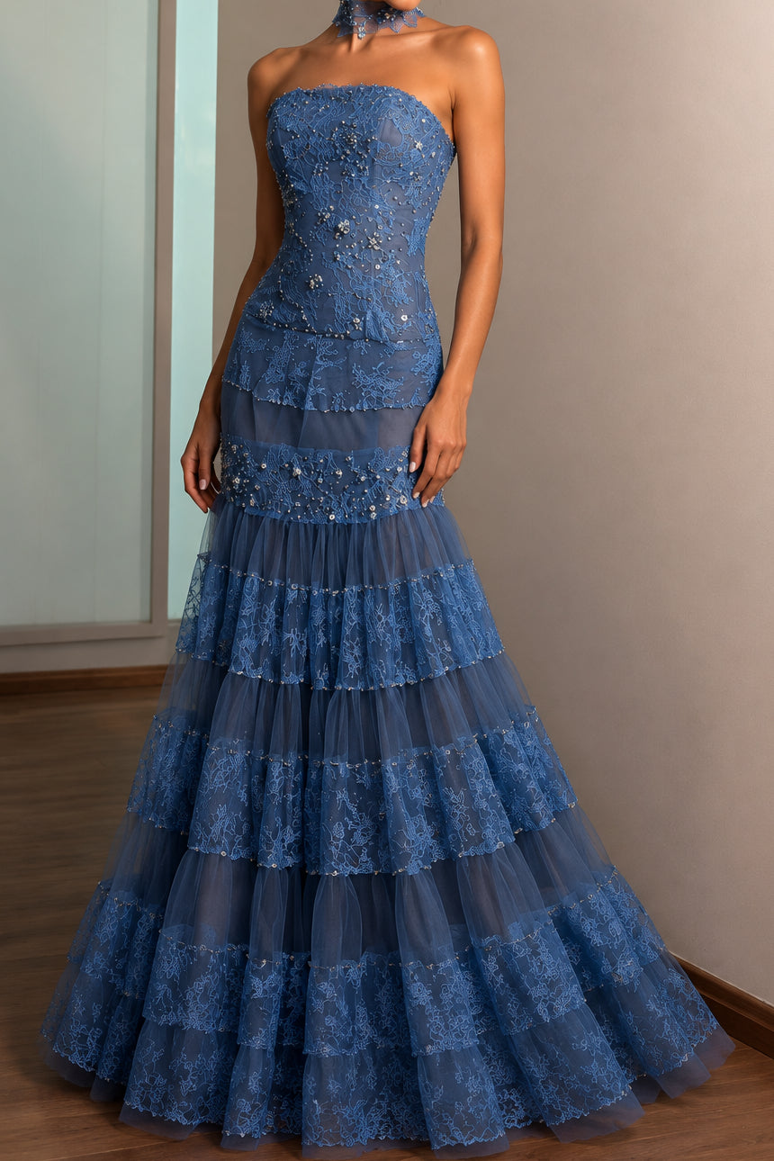 Strapless Beaded Lace Tiered Evening Gown