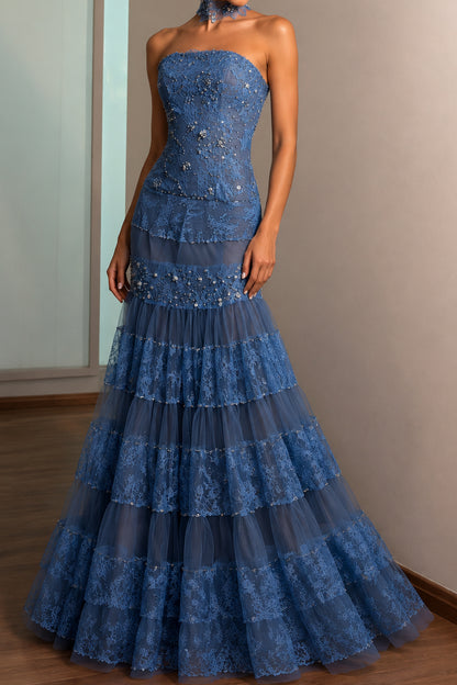 Strapless Beaded Lace Tiered Evening Gown
