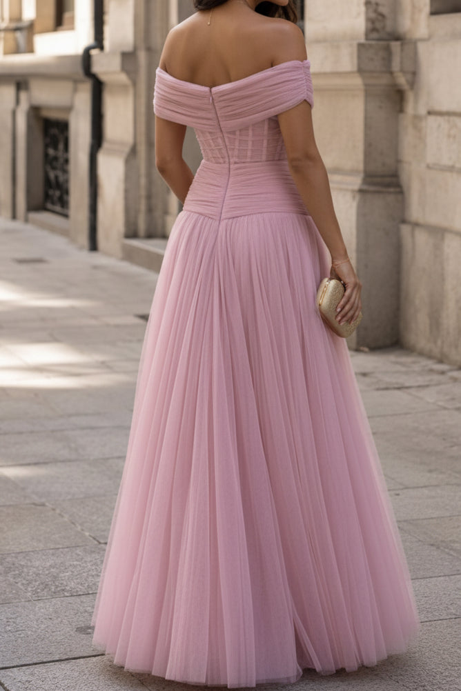 Off-the-Shoulder Tulle Gown with 3D Flowers