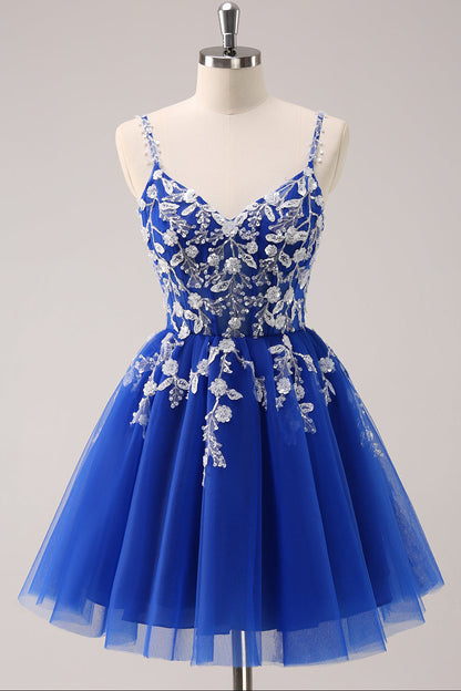 Floral Applique Short Homecoming Dress with Corset Back