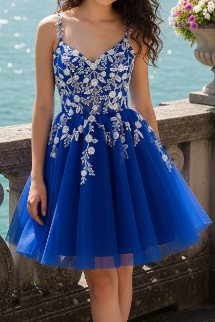 Floral Applique Short Homecoming Dress with Corset Back