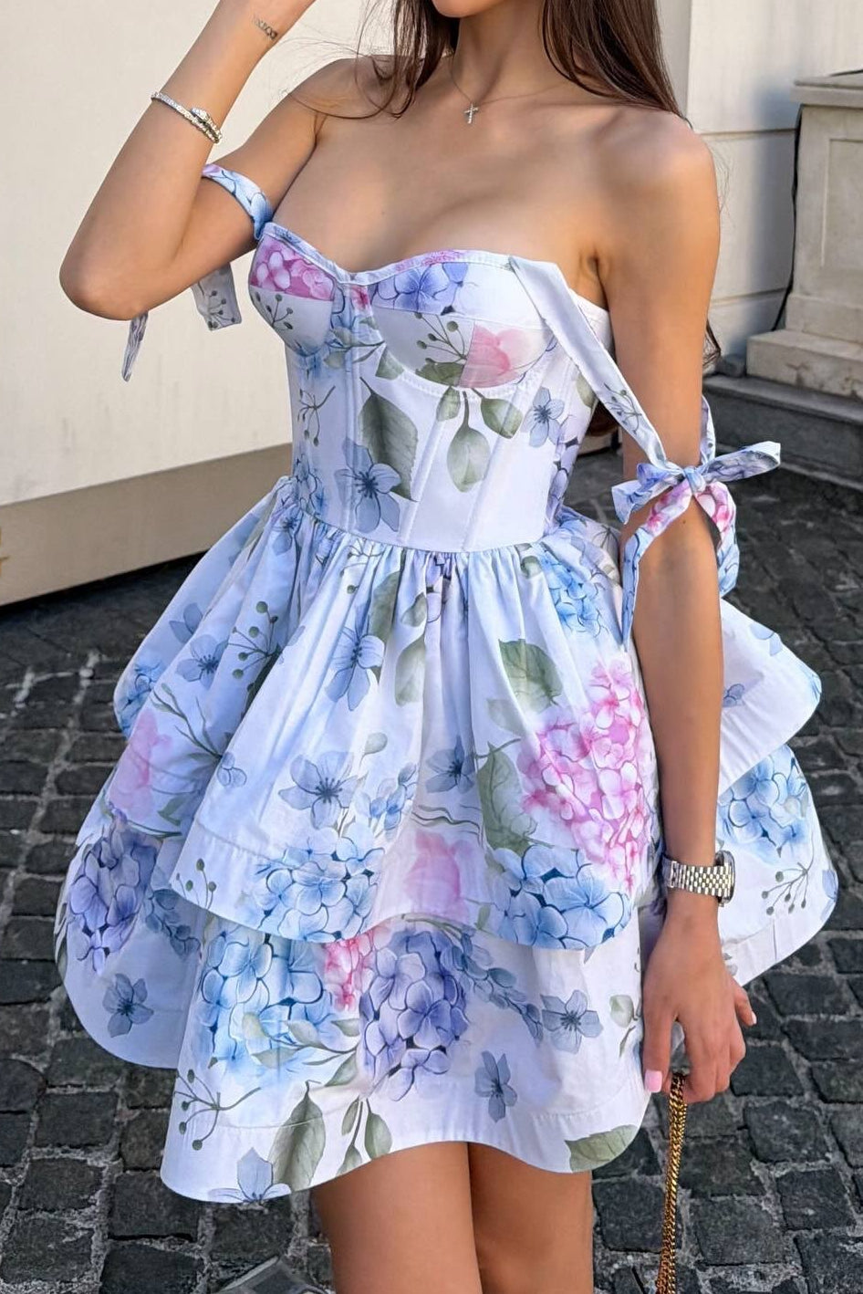 Floral Corset Mini Dress with Tiered Ruffle Skirt