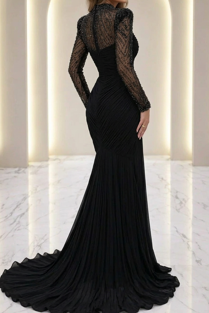 Ruched Long Sleeve Evening Dress with Beaded Illusion Neck