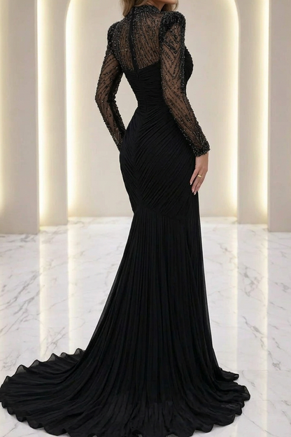 Ruched Long Sleeve Evening Dress with Beaded Illusion Neck