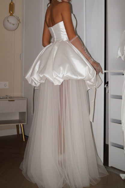 Strapless Bubble Skirt Gown with Sheer Tulle