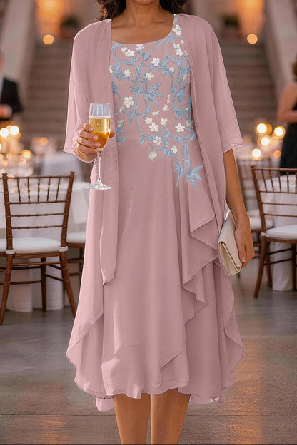 Embroidered Midi Dress with Sheer Jacket
