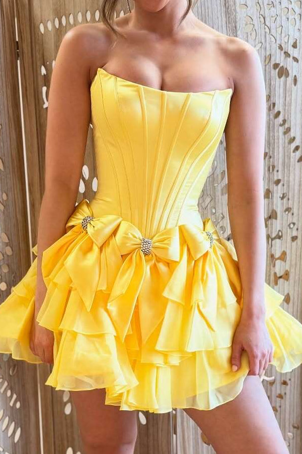 Strapless Corset Tiered Ruffle Mini Dress with Bows
