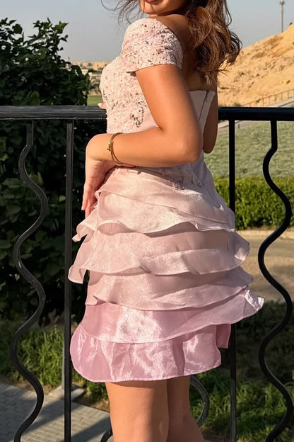 Asymmetrical Off-Shoulder Tiered Organza Mini Dress