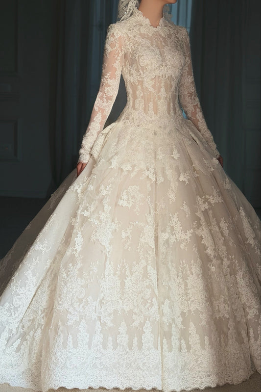 High-Neck Illusion Long Sleeve Lace Ball Gown Wedding Dress