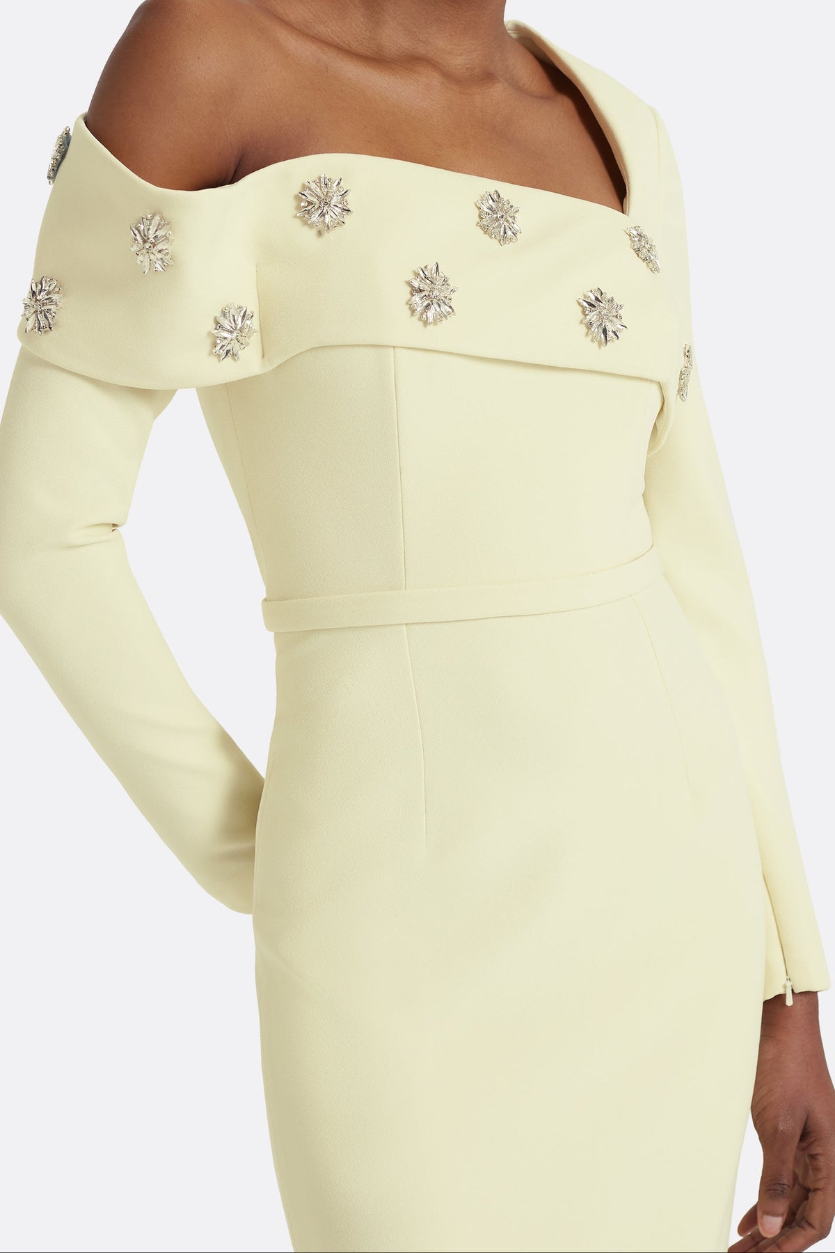 Asymmetrical Embellished Column Gown with Long Sleeves