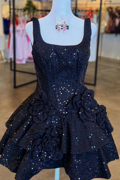 Sequin Tiered Mini Dress with 3D Rosettes