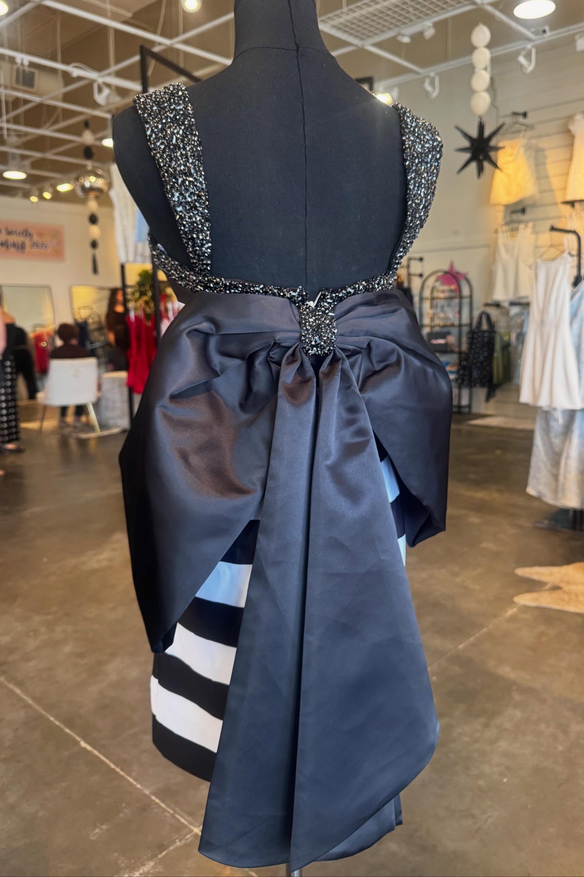 Beaded Strap Striped Mini Dress with Statement Bow