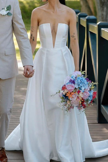 Strapless Deep V Plunge Satin A-Line Wedding Dress
