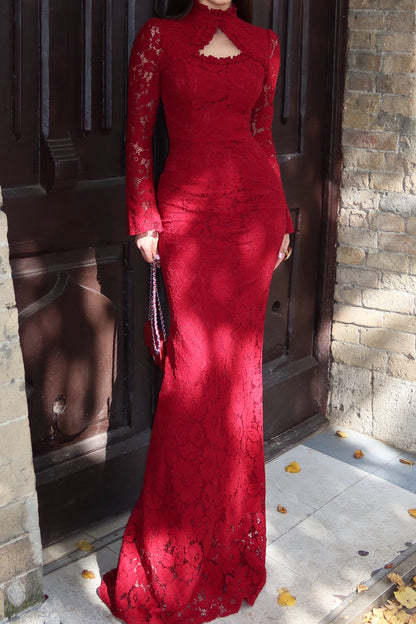 Lace High-Neck Maxi Evening Dress with Keyhole Cut-Out
