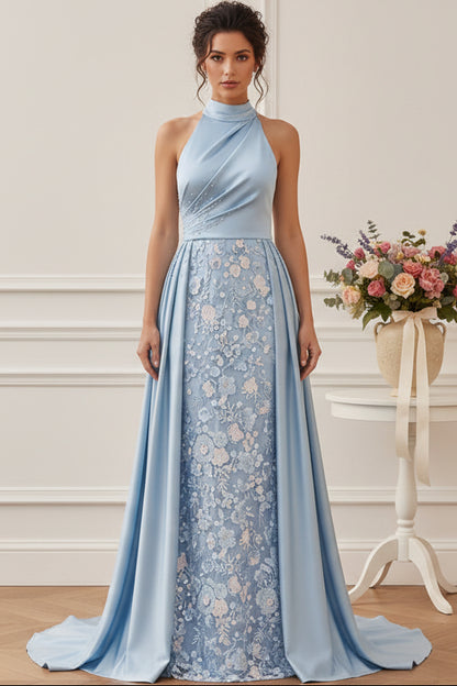 Halter Neck Satin Evening Gown with Embroidered Overskirt