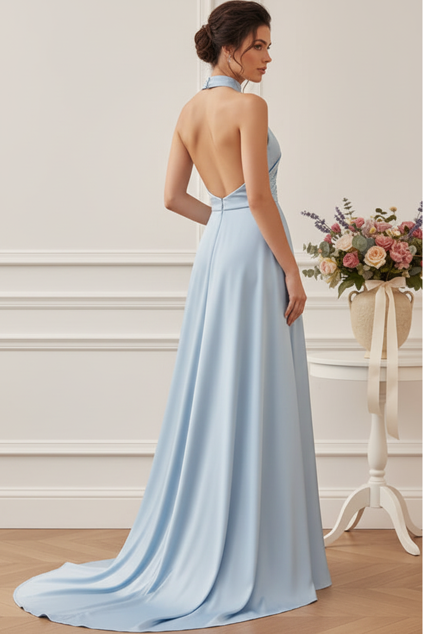 Halter Neck Satin Evening Gown with Embroidered Overskirt