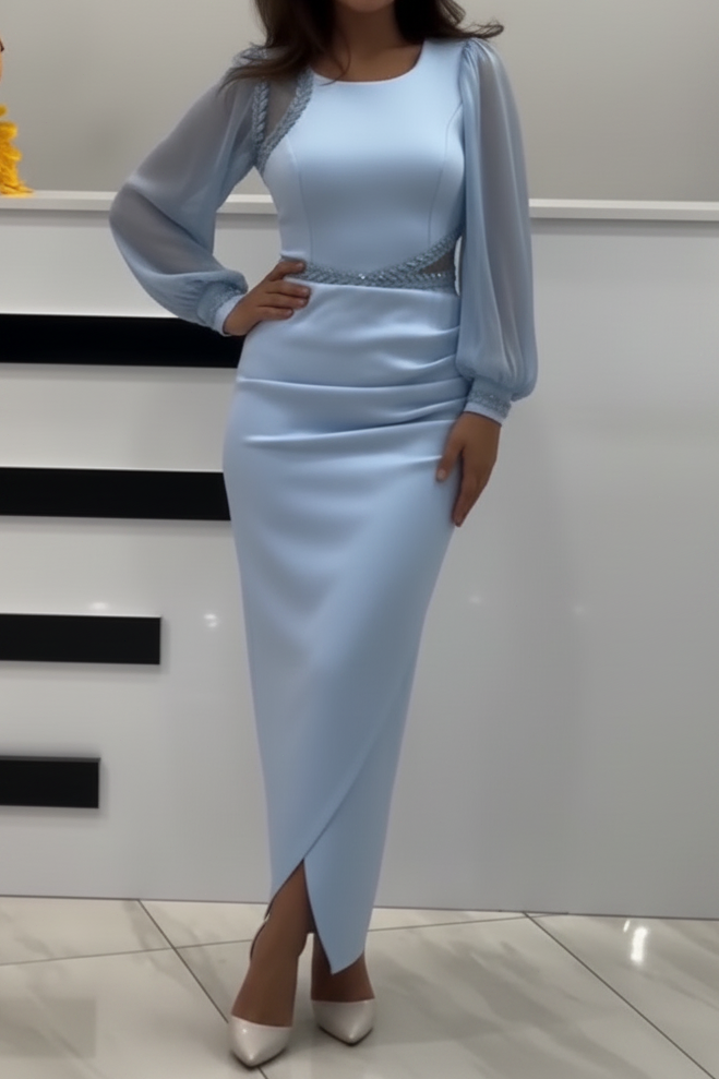 Long Sleeve Ruched Evening Dress with Beaded Waist