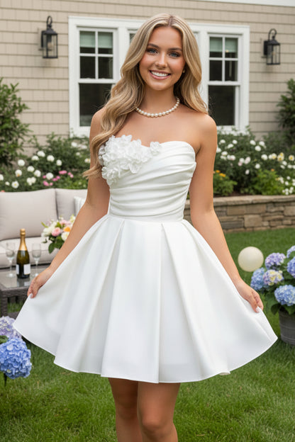 Strapless Satin Mini Dress with 3D Floral Appliques