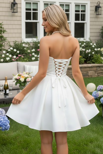Strapless Satin Mini Dress with 3D Floral Appliques