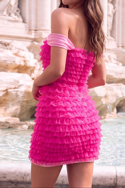 Tiered Ruffle Off-the-Shoulder Tulle Mini Dress