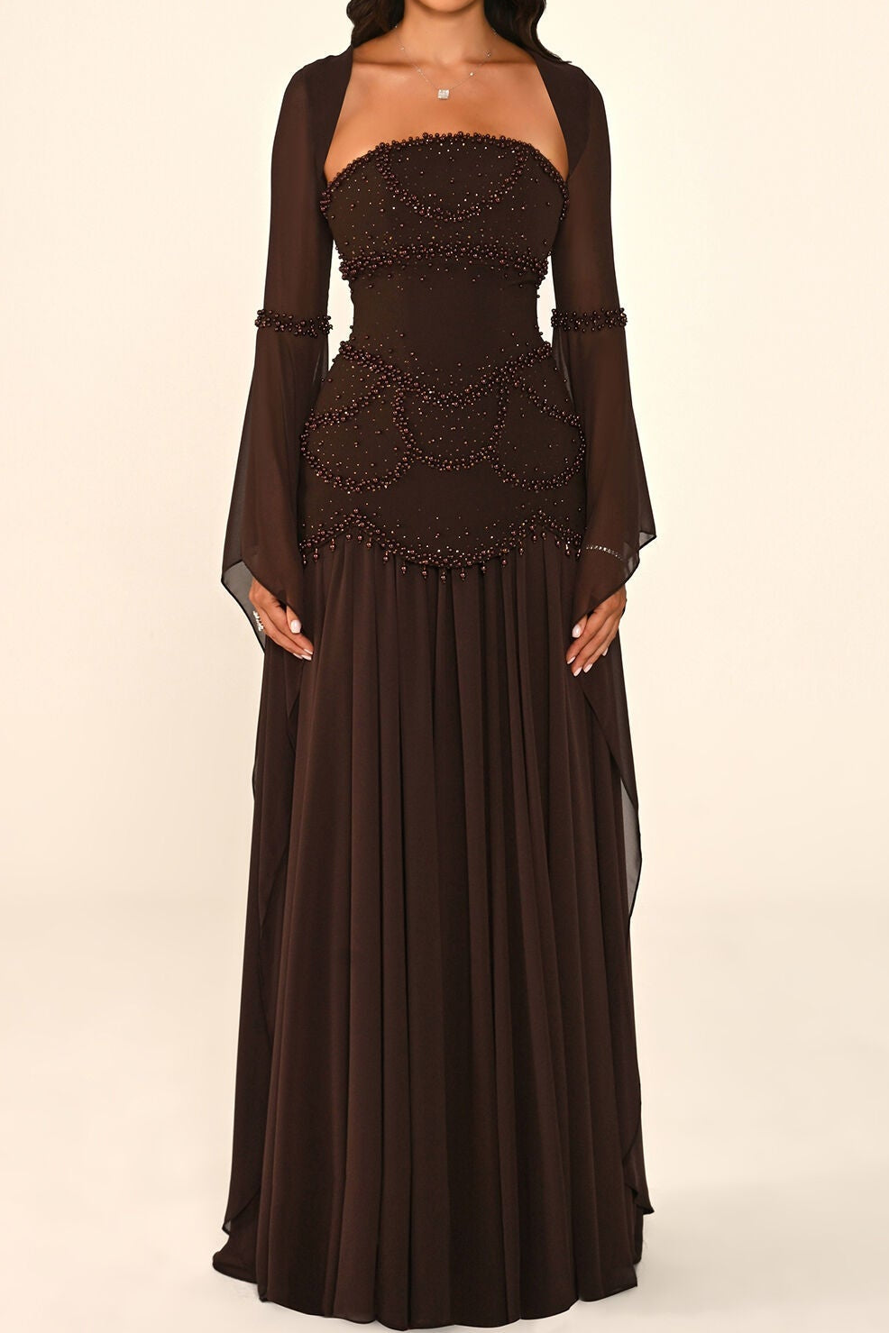 Beaded Drop-Waist Gown with Draped Sleeves