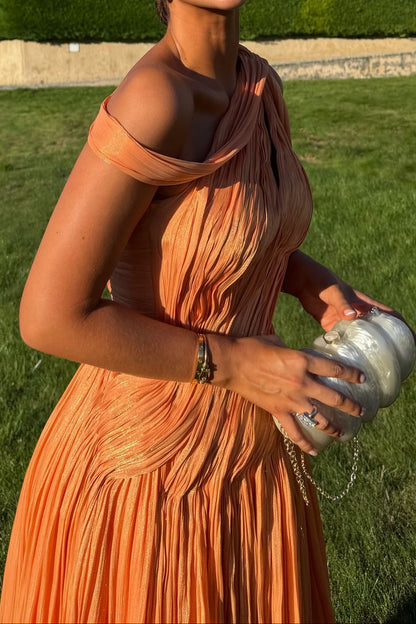 Pleated One-Shoulder Evening Gown with Drape