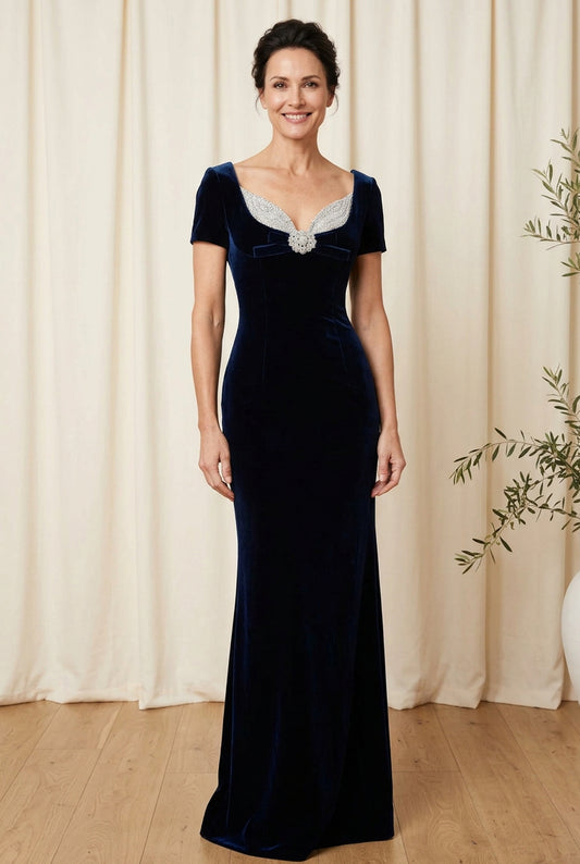 Embellished Neckline Velvet Evening Gown