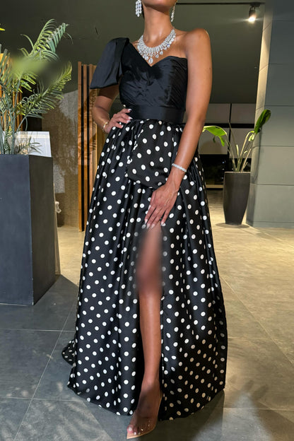 One-Shoulder Polka Dot Evening Gown with Slit