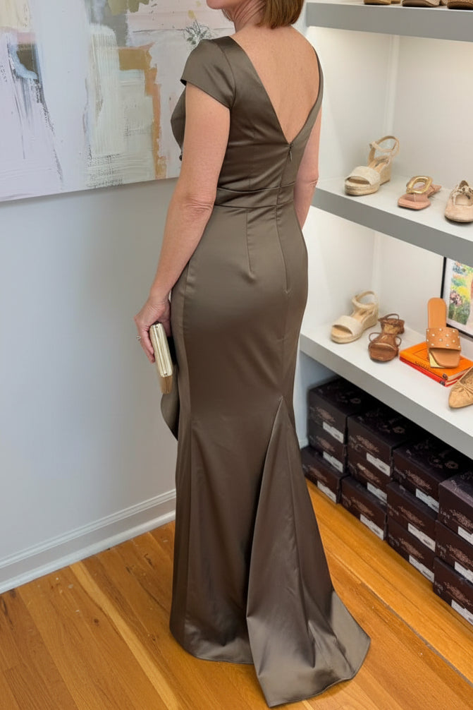 Off-the-Shoulder Satin Gown with Side Draped Ruffle