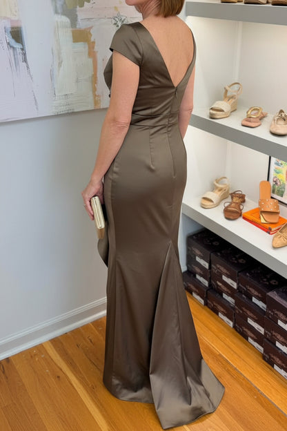Off-the-Shoulder Satin Gown with Side Draped Ruffle