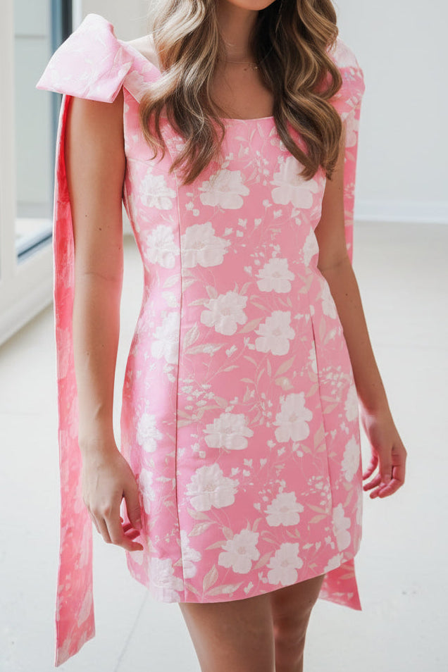Floral Jacquard Mini Dress with Shoulder Sashes