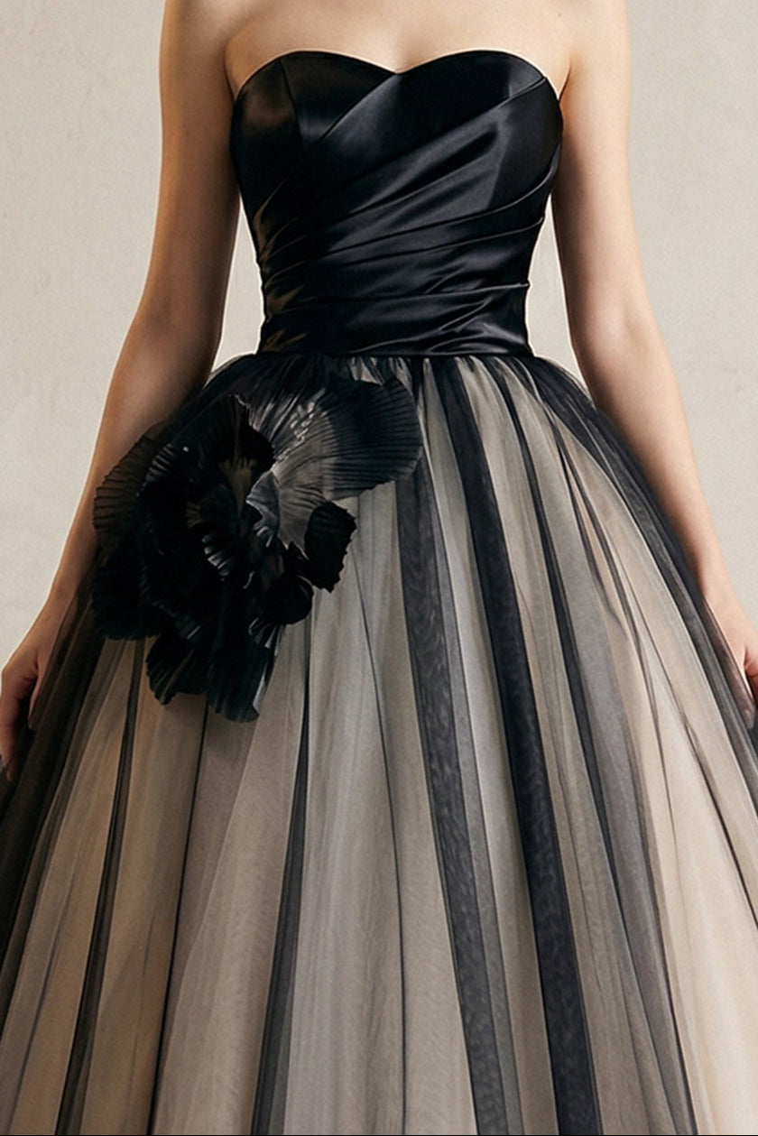 Strapless Ruched Ball Gown with 3D Flower