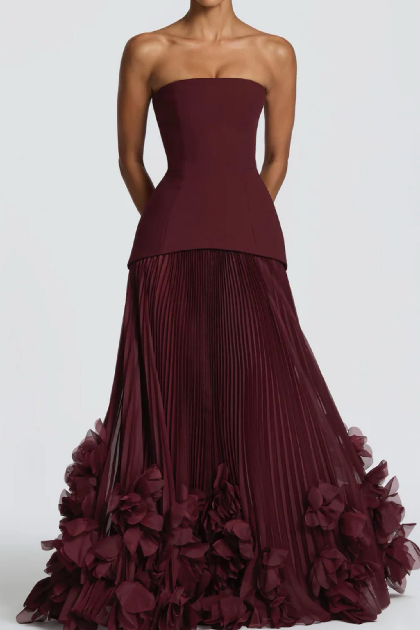 Strapless Pleated Gown with 3D Floral Hem & Scarf