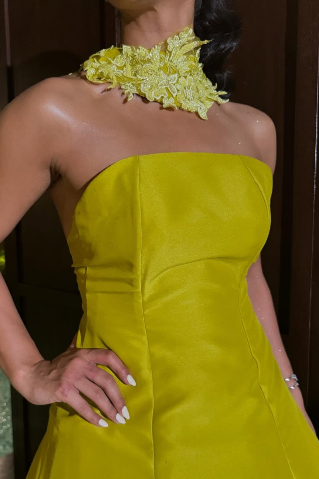 Strapless A-Line Evening Gown with Lace Collar