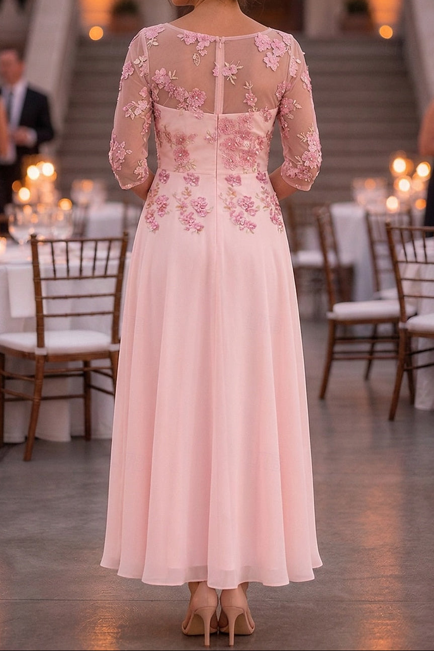 Floral Applique Illusion 3/4 Sleeve Tea-Length Dress