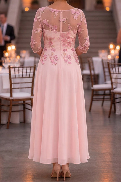Floral Applique Illusion 3/4 Sleeve Tea-Length Dress