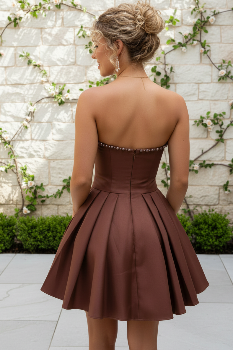 Strapless Pleated Satin Mini Dress with Bow
