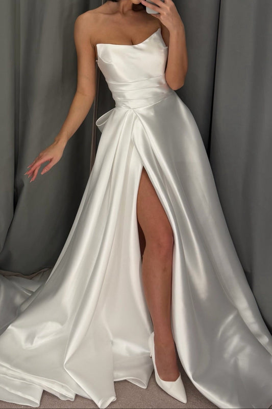 Strapless Satin A-Line Wedding Dress with High Slit